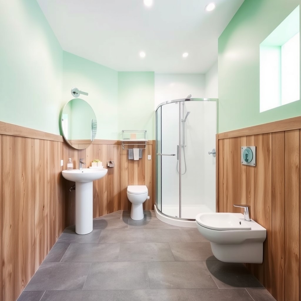 A stylish bathroom featuring a gray slate stone floor, half-height wood paneling on the walls, and the upper walls painted in a refreshing green color