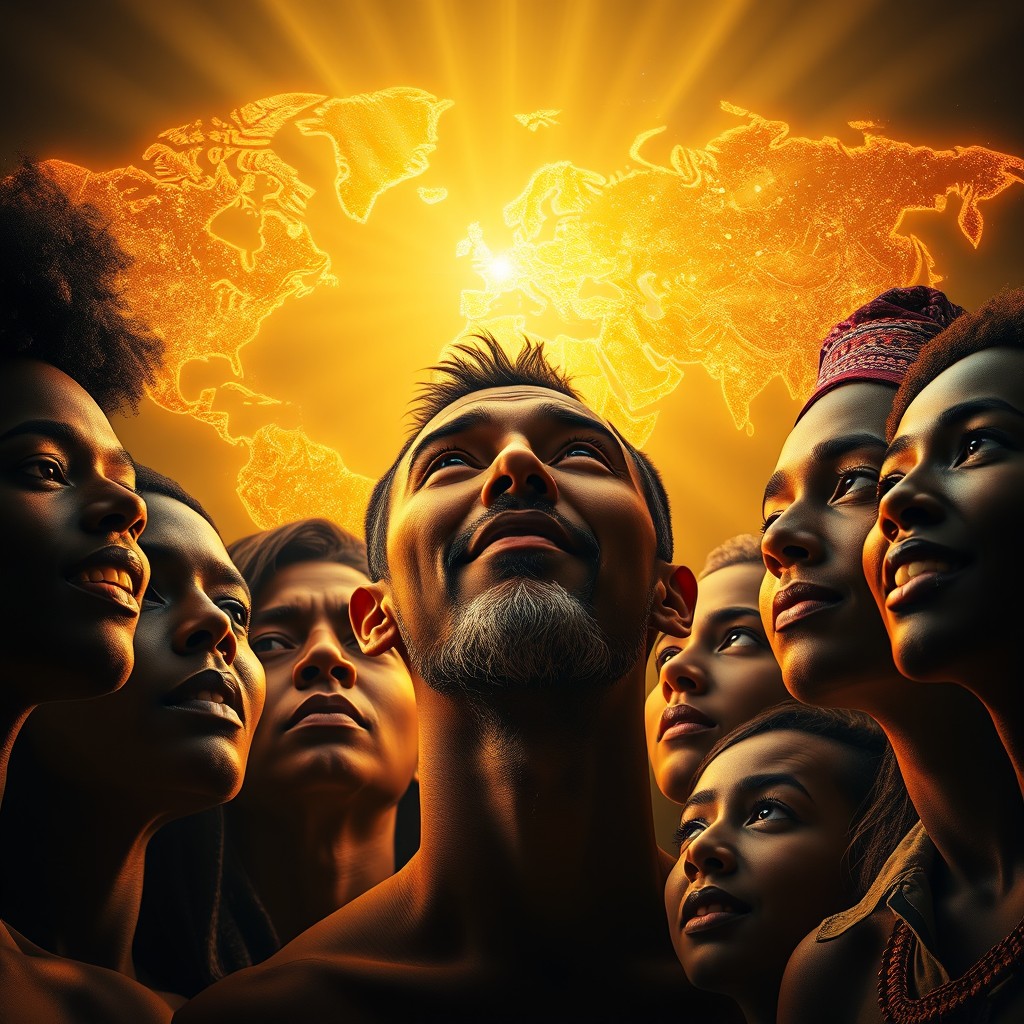 A collage of diverse human faces, featuring African, Asian, Middle Eastern, Indigenous, and European origins, all looking upward in unity and hope