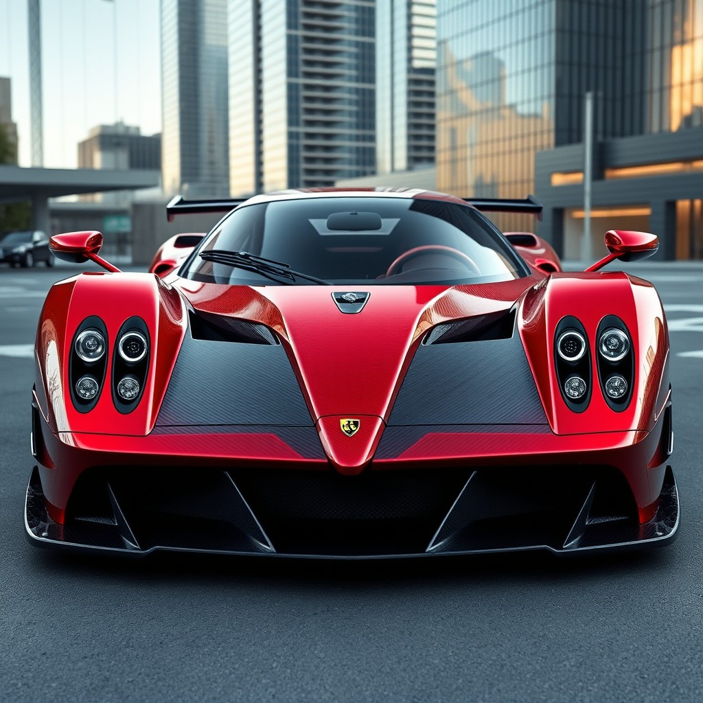 A stunning hybrid car design featuring the front of a Pagani Huayra, seamlessly blended with the iconic styling elements of a Ferrari F40, complete with the classic F40 round headlights, sculpted hood, and aggressive front bumper