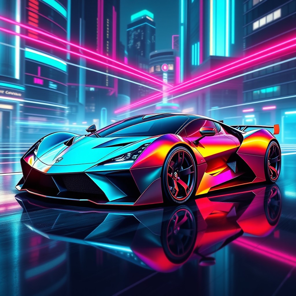 A futuristic, artistic car design that is low-bodied and resembles a supercar, drawing inspiration from both Pagani and Lamborghini