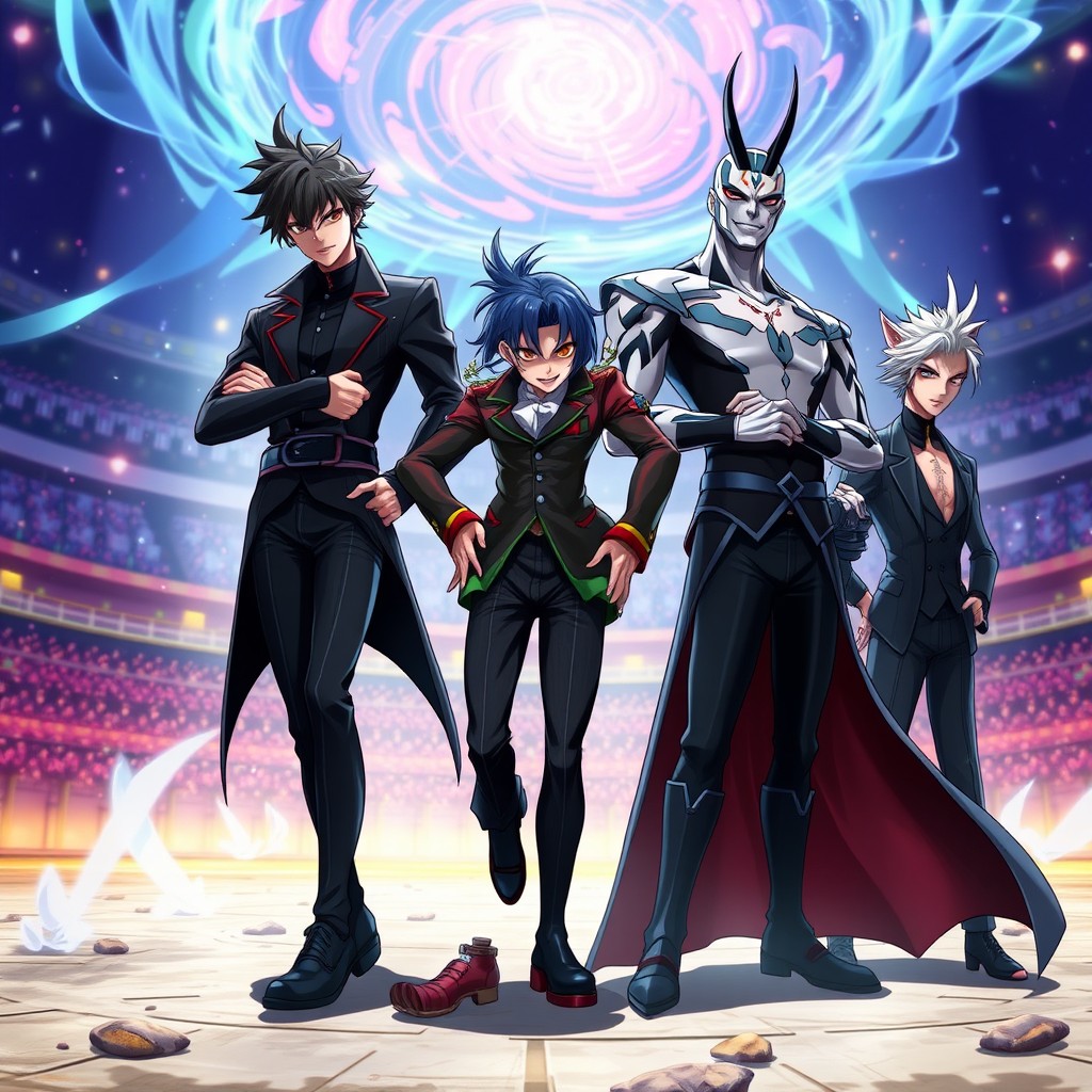 An epic anime scene featuring Kuroro, Hisoka, and two unique characters named Offu Vetian and Bonunlinoff