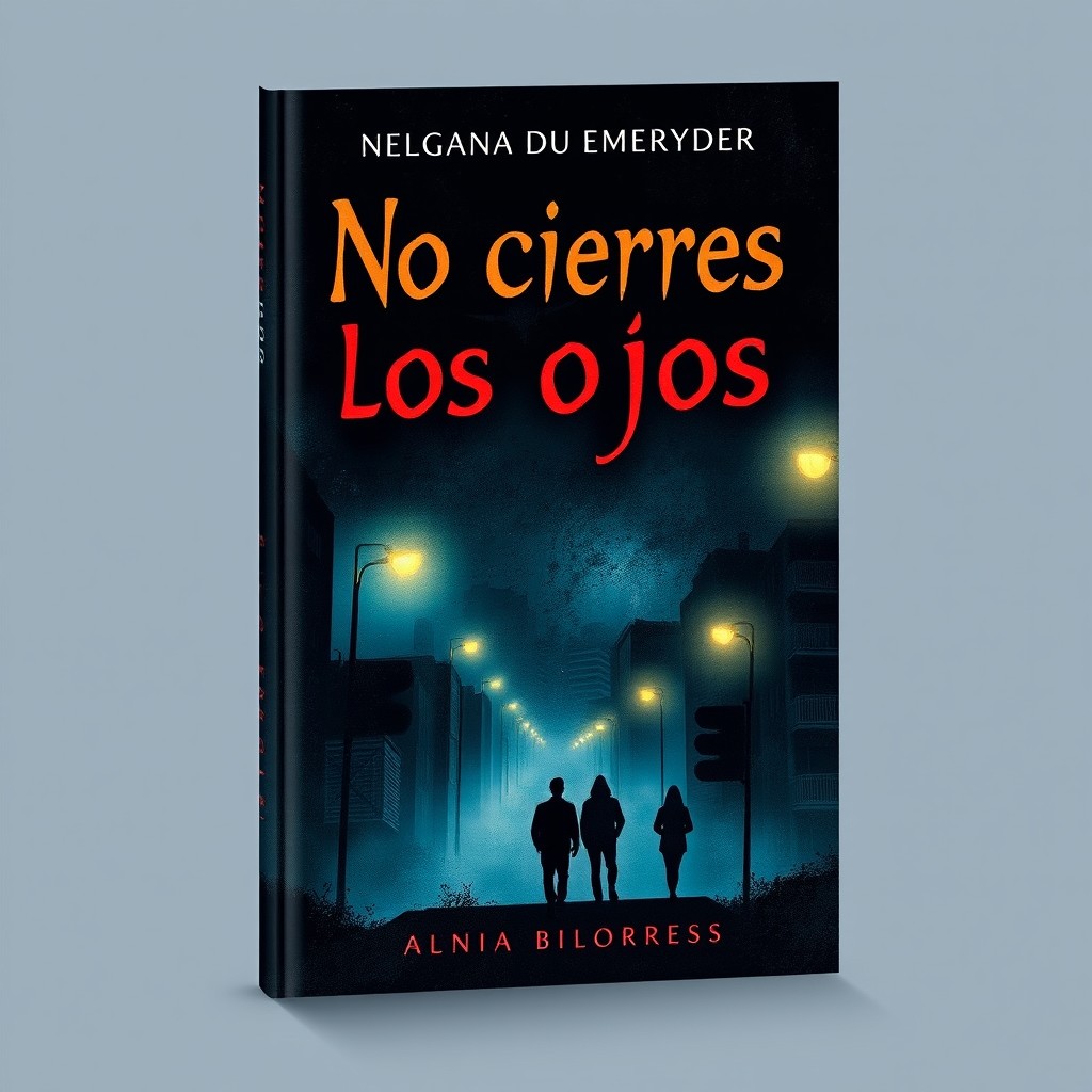 A captivating book cover design for 'No cierres los ojos todavía', featuring elements of urban horror and suspense