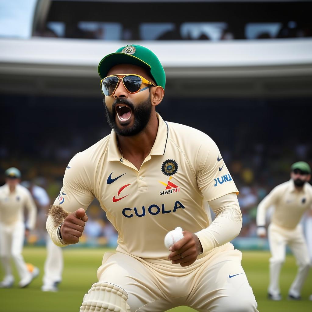 Virat Kohli attired in an Australian cricket team's uniform, enthusiastically playing cricket in a packed Australian stadium.