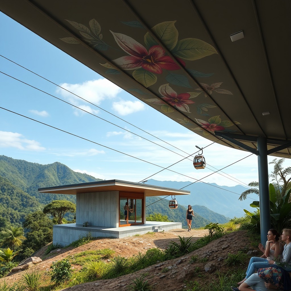 A modern and minimalist Metro Cable station integrated into the mountainous landscape of Taganga, Colombia
