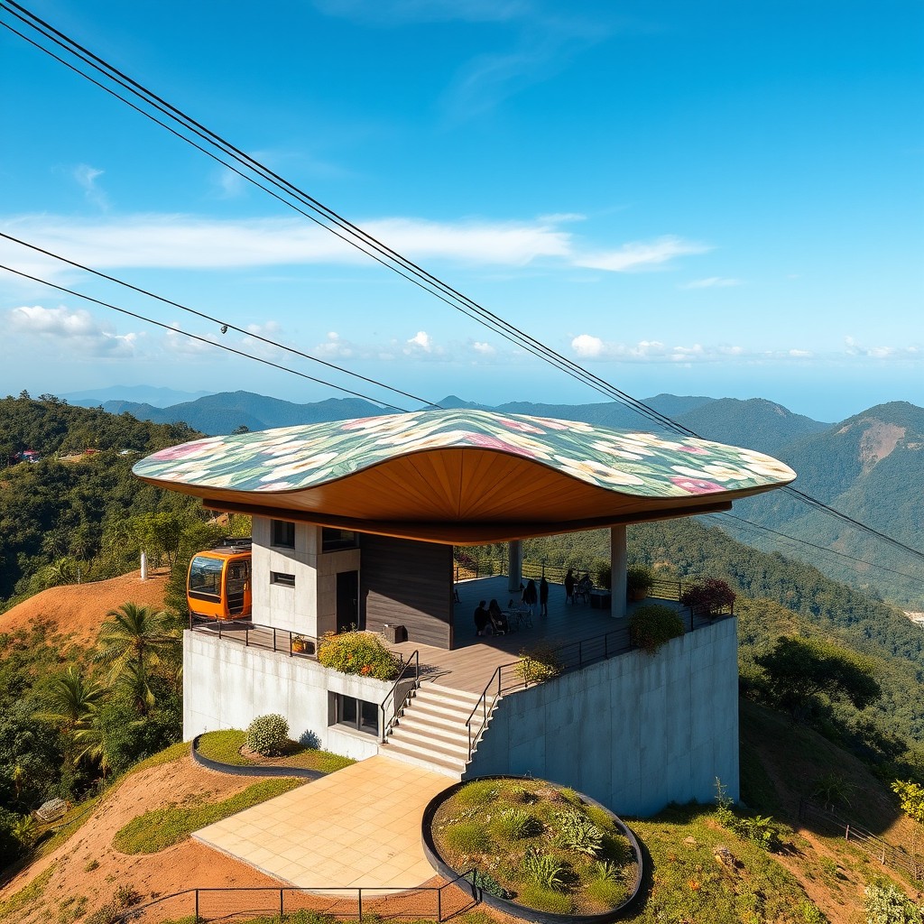 A large and prominent Metro Cable station integrated into the mountainous landscape of Taganga, Colombia, positioned high on the mountain to attract tourists