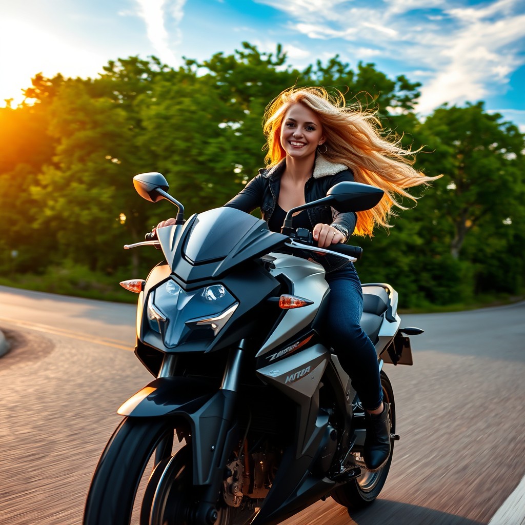 A beautiful blonde girl riding a sleek motorbike down a winding road, her hair flowing in the wind