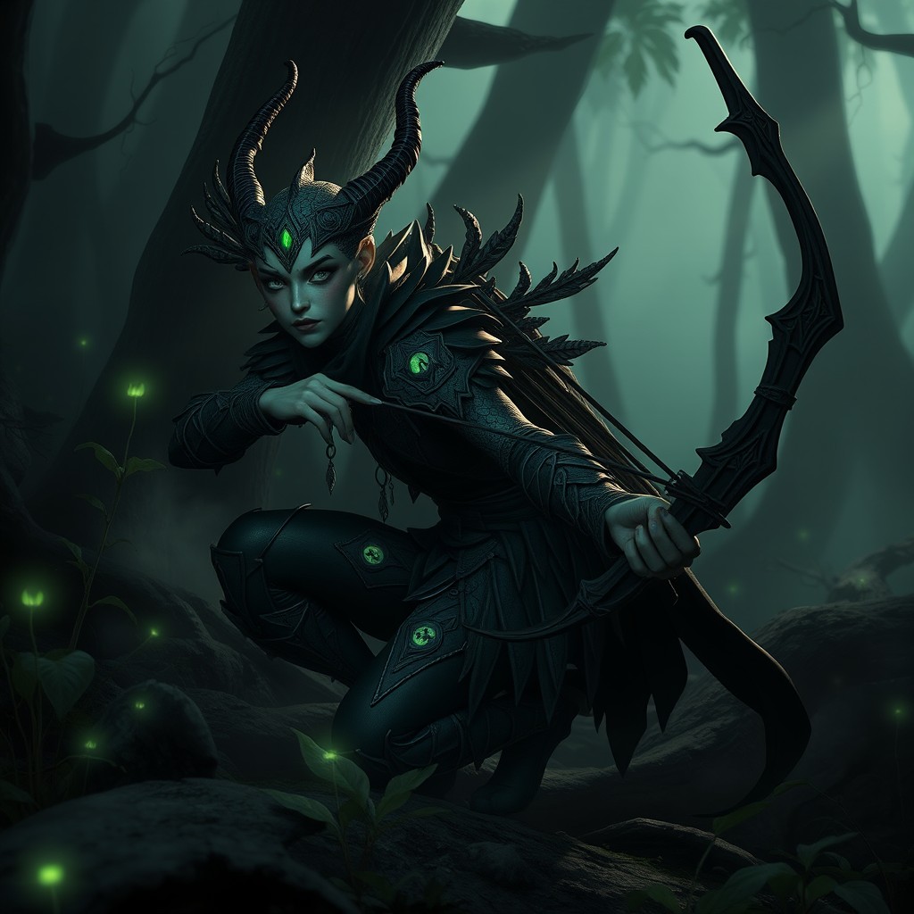 An Eladrin Gloom Stalker character set in a dark, mystical forest environment inspired by Skyrim