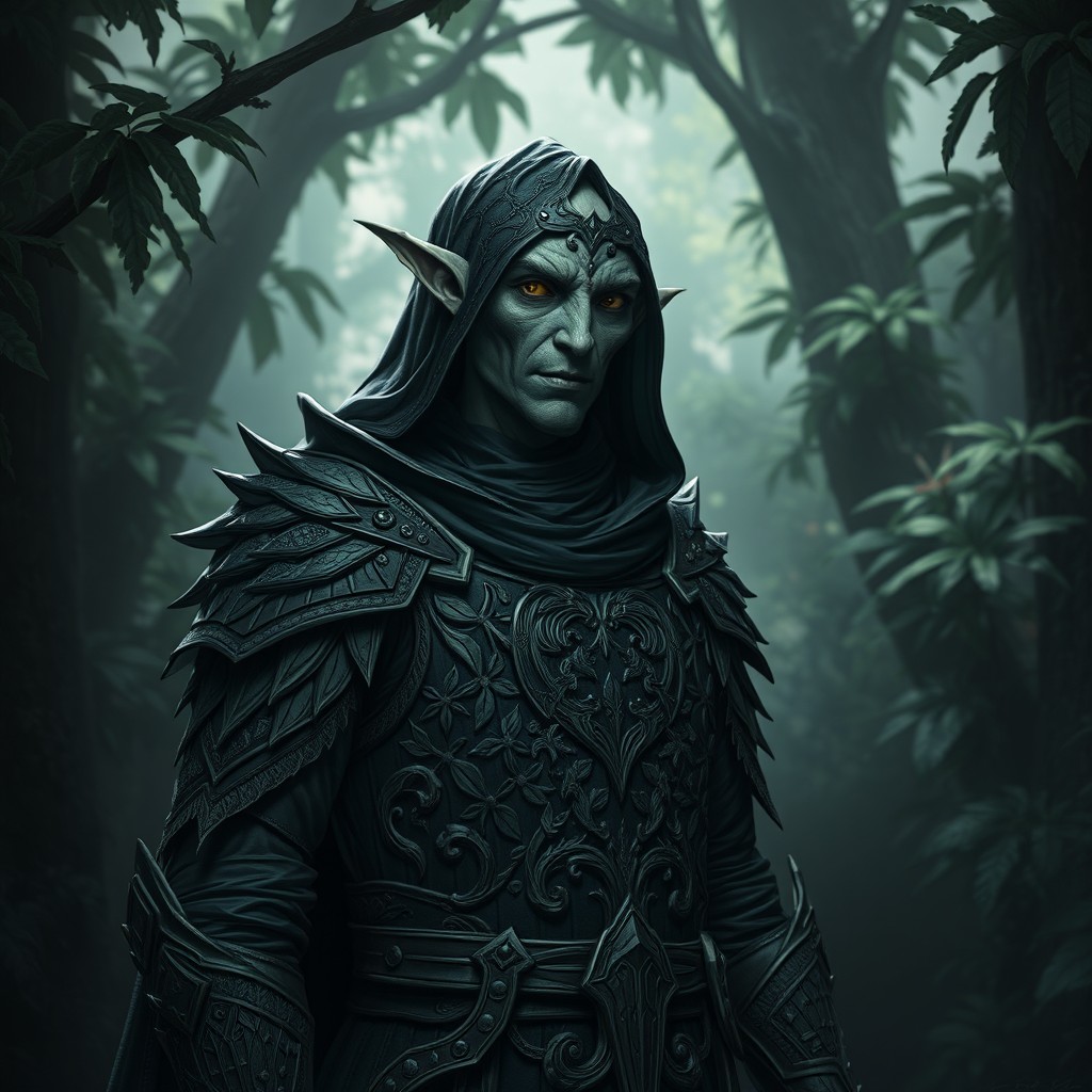 An Eladrin Gloom Stalker named Sylvarien, depicted in a shadowy forest setting, embodying qualities of stealth and pragmatism