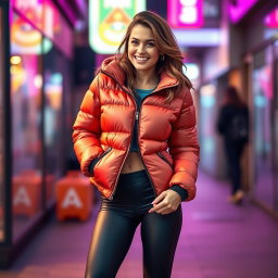 A cute woman wearing a stylish puffer jacket and tight leggings, confidently showcasing her figure in a playful and fashionable manner
