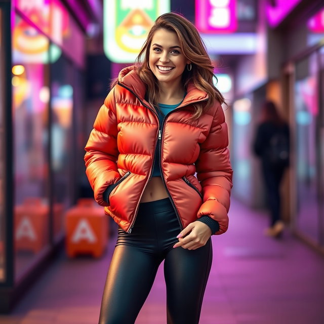 A cute woman wearing a stylish puffer jacket and tight leggings, confidently showcasing her figure in a playful and fashionable manner