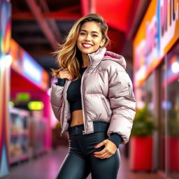 A cute woman wearing a stylish puffer jacket and tight leggings, confidently showcasing her figure in a playful and fashionable manner