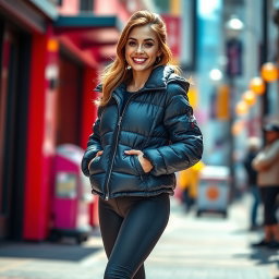 A cute woman wearing a stylish puffer jacket and tight leggings, confidently showcasing her figure in a playful and fashionable manner