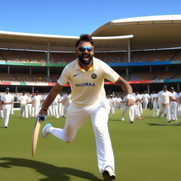 Virat Kohli attired in an Australian cricket team's uniform, enthusiastically playing cricket in a packed Australian stadium.