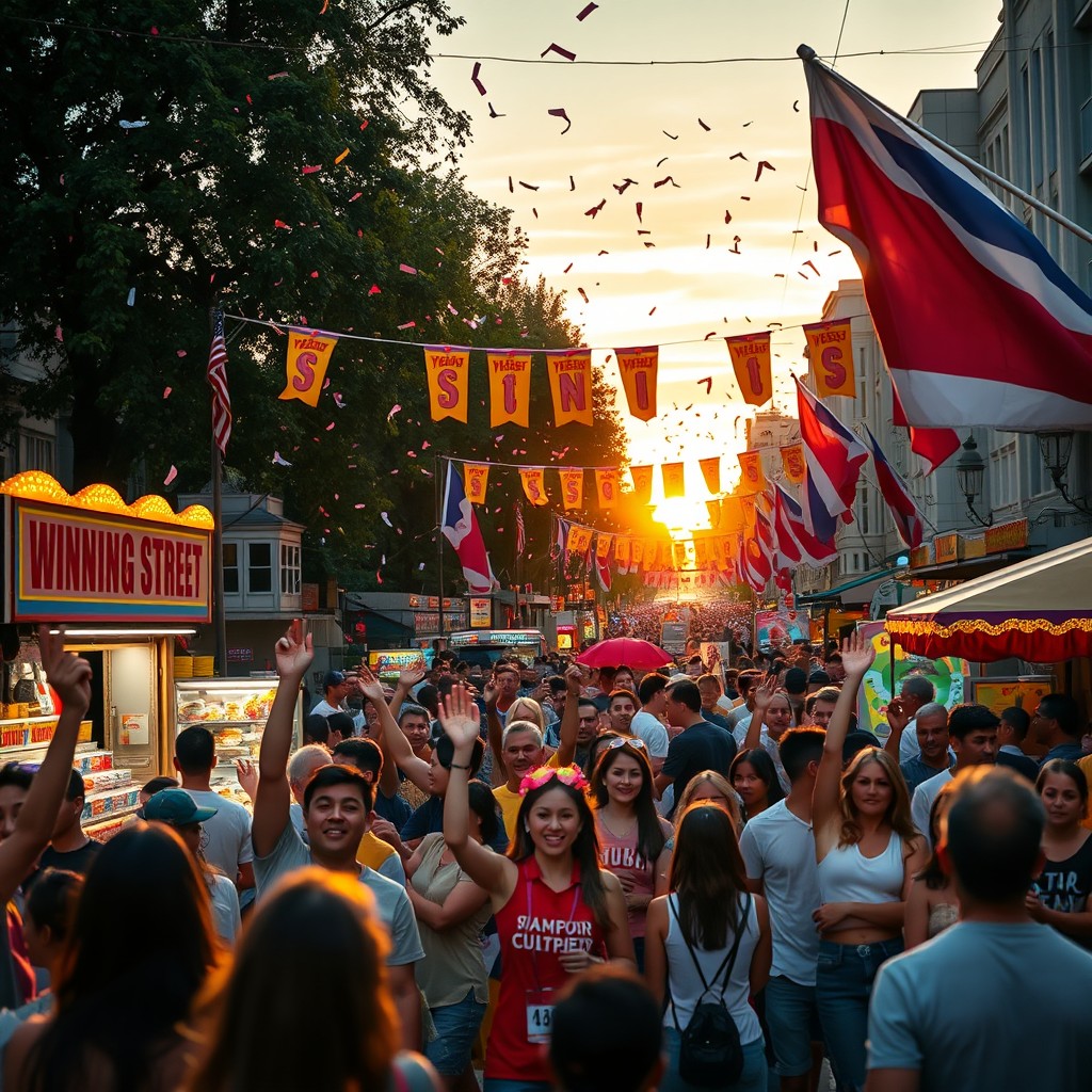 A vibrant street scene titled 'Winning Street', showcasing a lively atmosphere filled with celebratory vibes