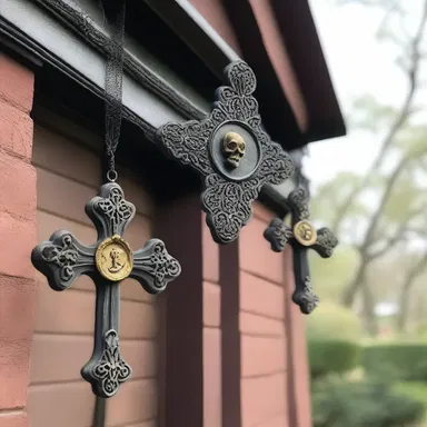 The haunted mansion was adorned with eerie decorations, including botonnee crosses hanging from the walls.