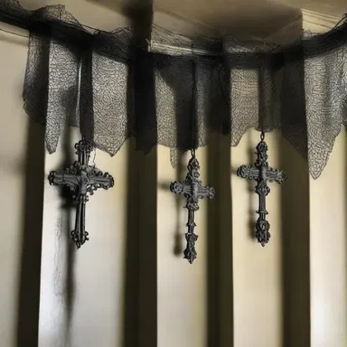 The haunted mansion was adorned with eerie decorations, including botonnee crosses hanging from the walls.