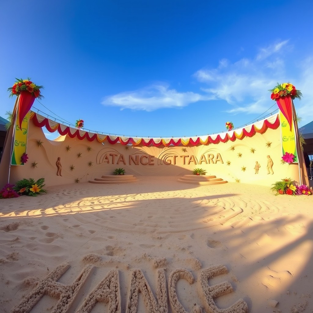 A vibrant and dynamic dance stage made entirely of sand, featuring sculpted sand dunes and creative patterns that reflect the movement of dancers