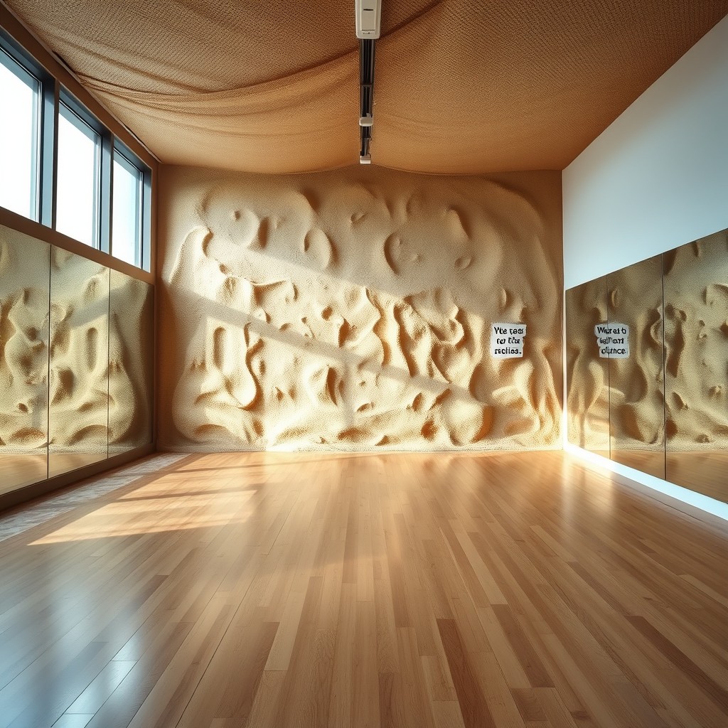 A stylish dance studio featuring a unique background made entirely of sand, creating an earthy and natural atmosphere
