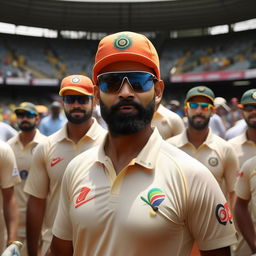 Virat Kohli attired in an Australian cricket team's uniform, enthusiastically playing cricket in a packed Australian stadium.