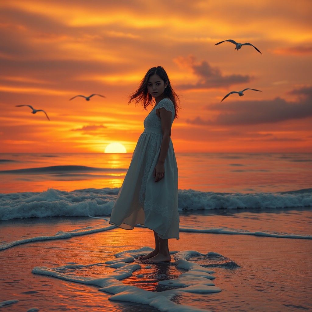 A deeply emotional scene depicting a person standing alone on a desolate beach, waves crashing gently at their feet