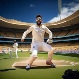 Virat Kohli attired in an Australian cricket team's uniform, enthusiastically playing cricket in a packed Australian stadium.