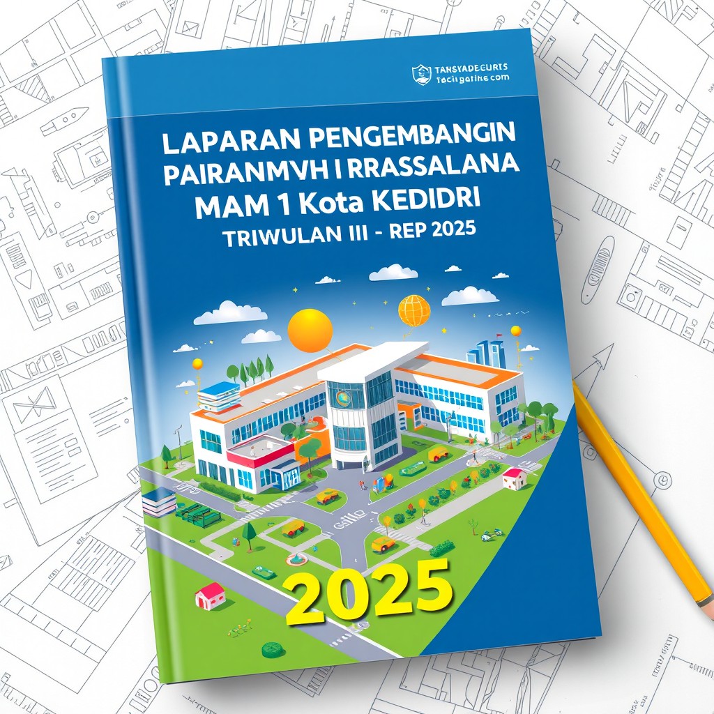 A visually striking book cover for a report titled 'Laporan Pengembangan Sarana Prasarana MAN 1 Kota Kediri Triwulan II Tahun 2025'