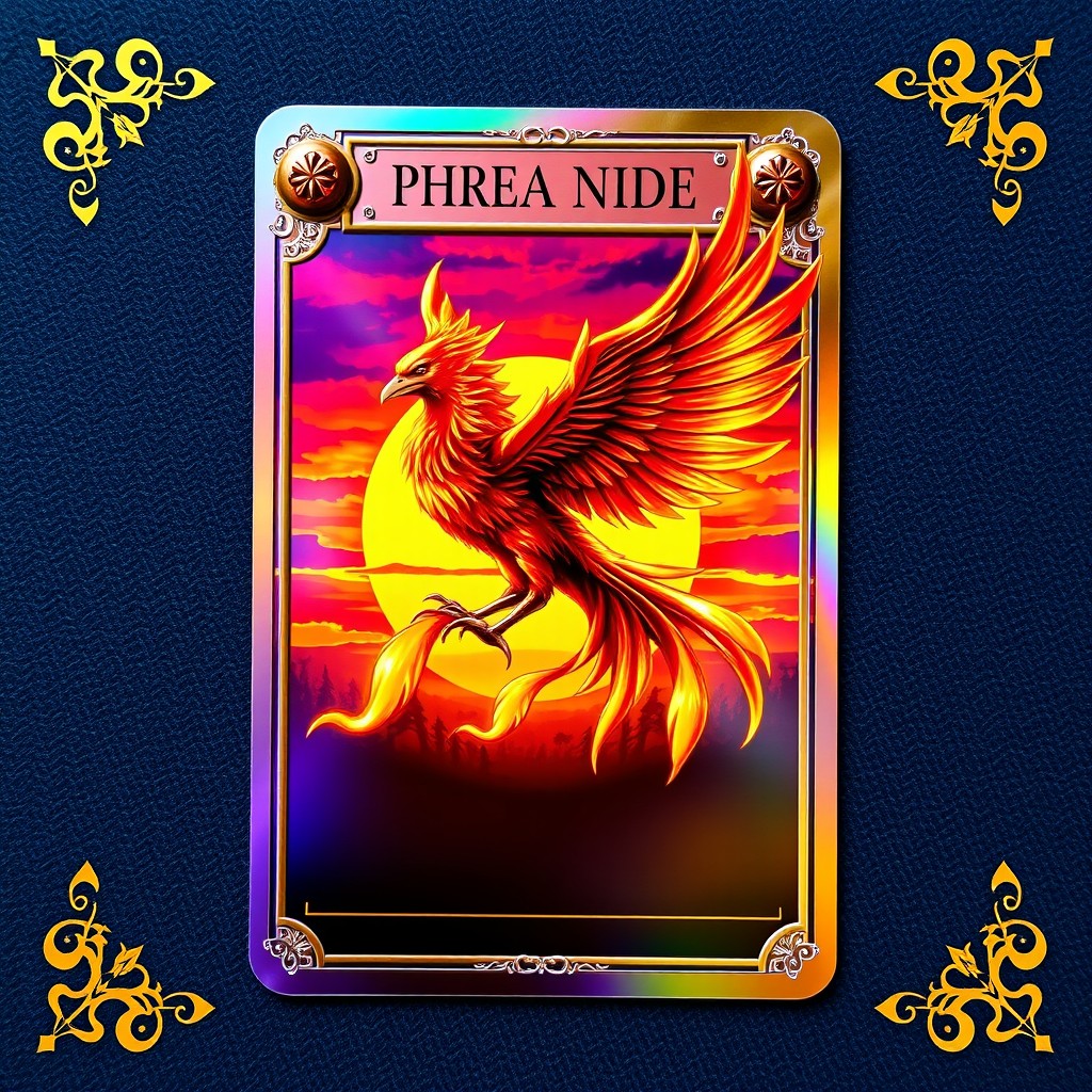 A vibrant and eye-catching trading card design featuring a mythical creature, a phoenix with colorful feathers shimmering in red and gold