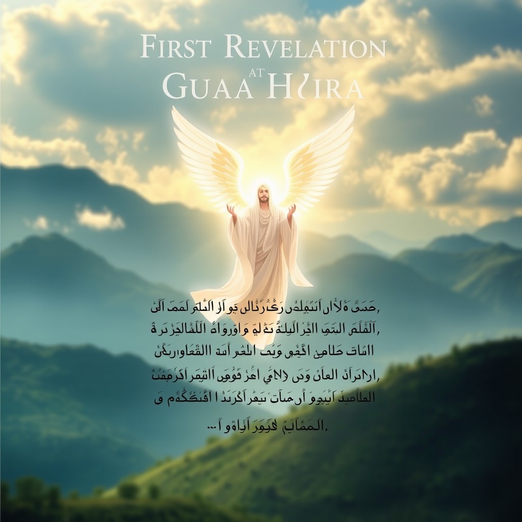 A captivating poster depicting the first revelation at Gua Hira, featuring a serene mountain landscape in the background with lush greenery, soft clouds, and a gentle sunlight illuminating the scene