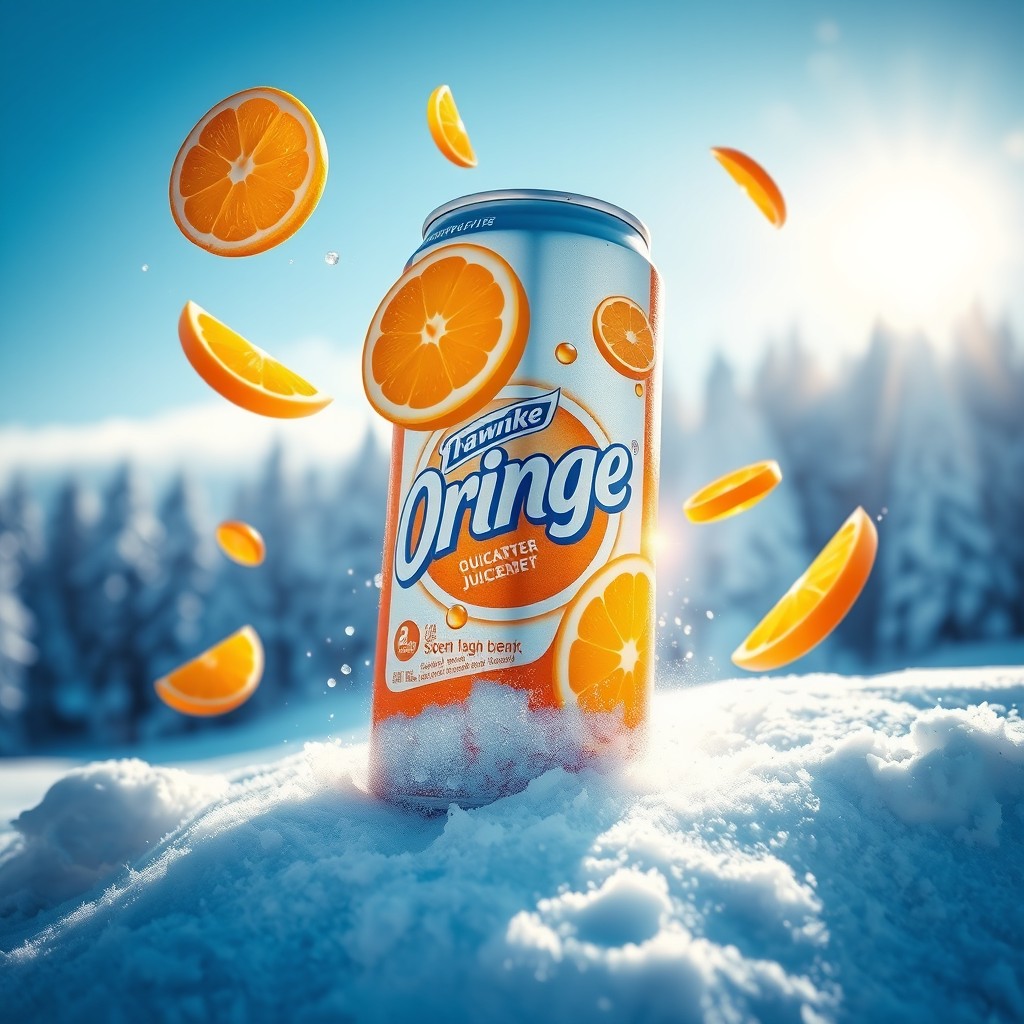 A vibrant advertisement featuring a canned orange juice drink standing upright on a snowy hill, partially covered with frost