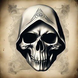 A high-definition image of a skull, draped in the stylistic elements of Assassin's Creed, set against a vintage background.