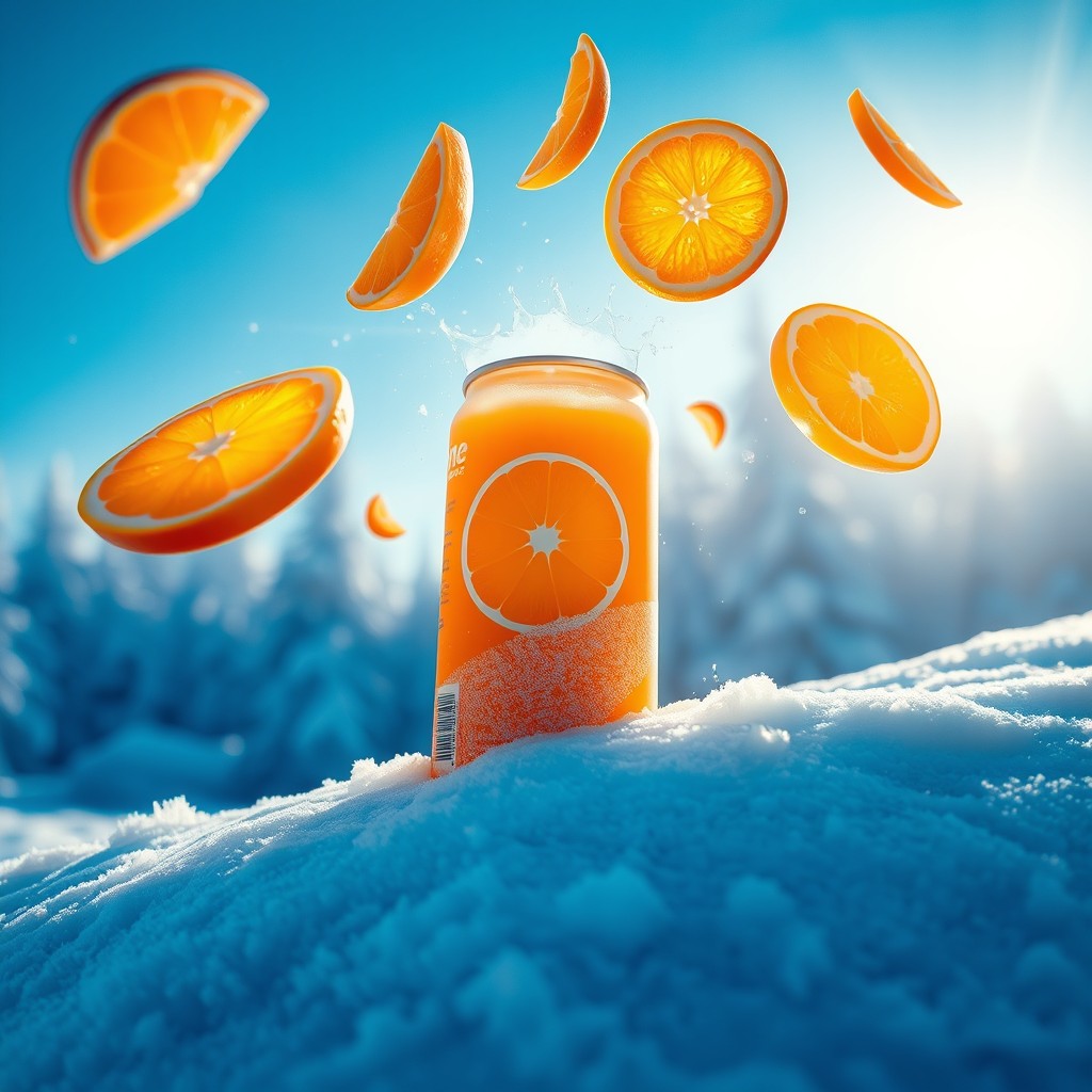 A vibrant advertisement featuring a canned orange juice drink standing upright on a snowy hill, partially covered with frost