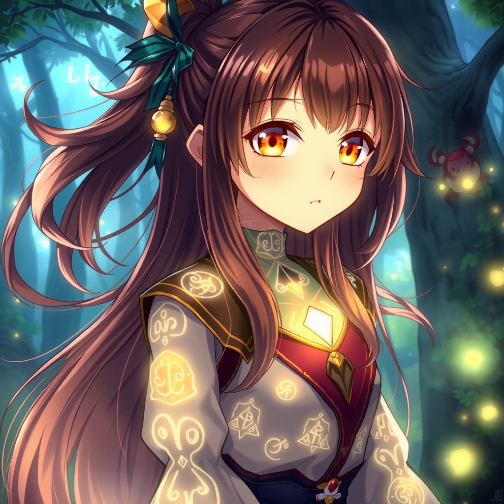 A fantasy-themed anime girl with long, flowing brown hair and striking glowing brown eyes, standing confidently