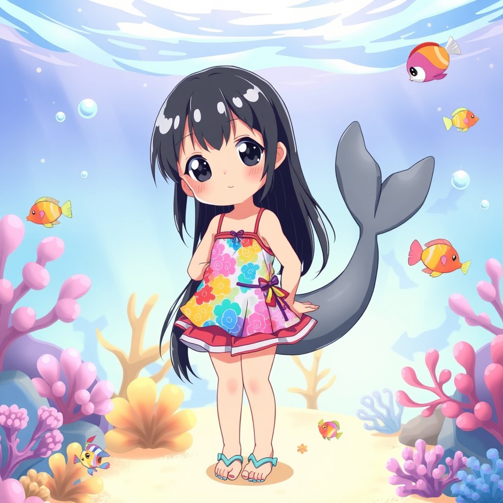 A 9-year-old anime girl with glossy black hair cascading down her back, bright black eyes filled with innocence and curiosity
