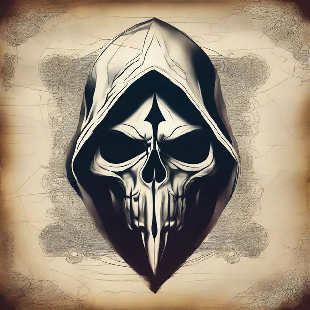 A high-definition image of a skull, draped in the stylistic elements of Assassin's Creed, set against a vintage background.