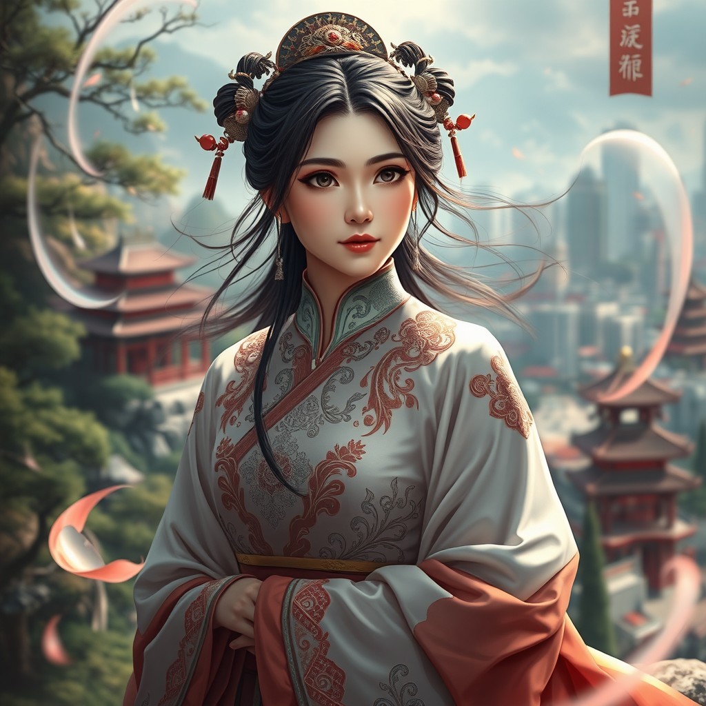 A captivating scene of a female protagonist dressed in elegant, traditional Chinese royal attire, reminiscent of ancient dynasties