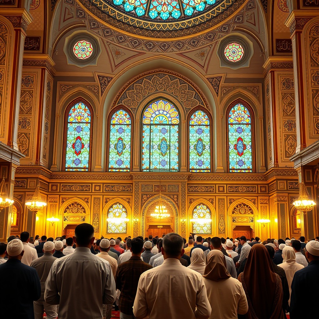 A serene and peaceful depiction of Islamic prayer, showcasing a diverse group of Muslims, including men and women of different ethnic backgrounds, praying together in a beautifully adorned mosque