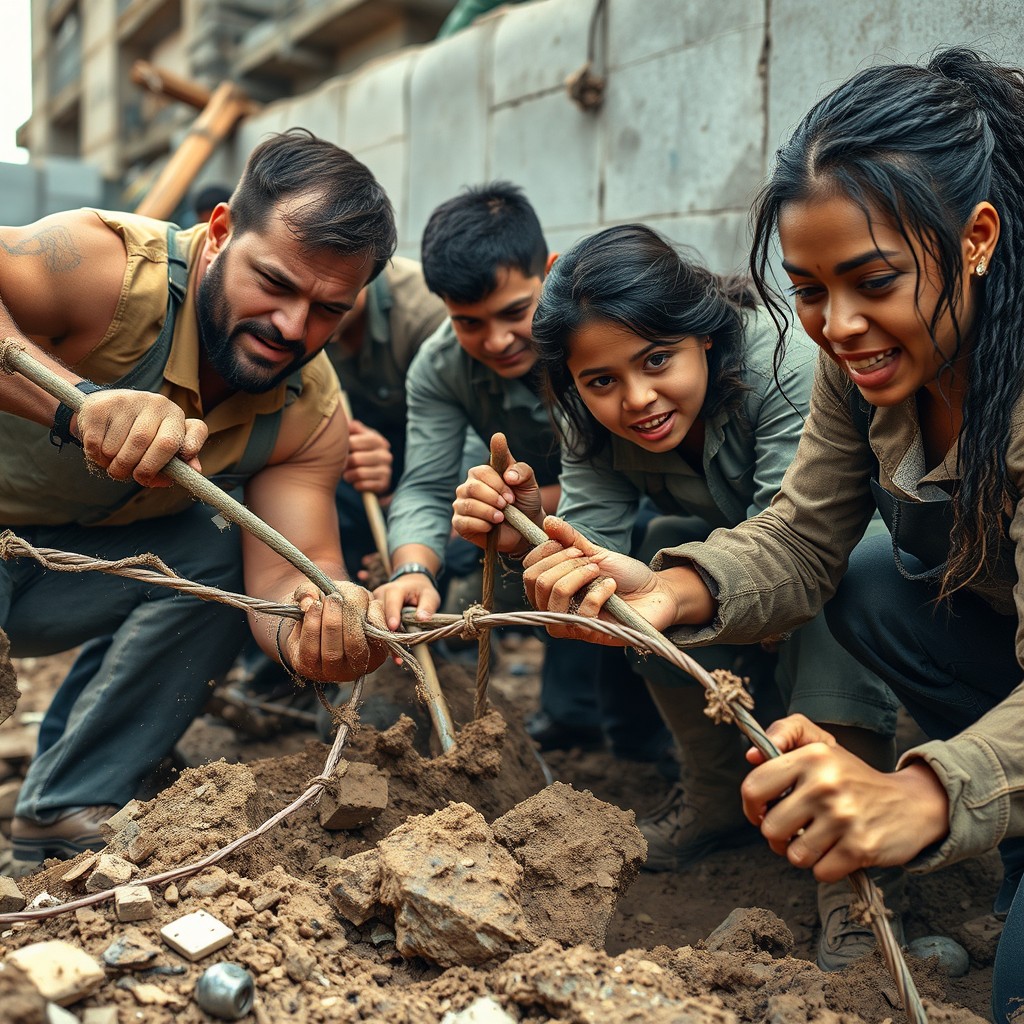 A medium shot of a diverse team of workers, including a strong man named Liam and a determined woman named Seraphina, frantically digging at a construction site