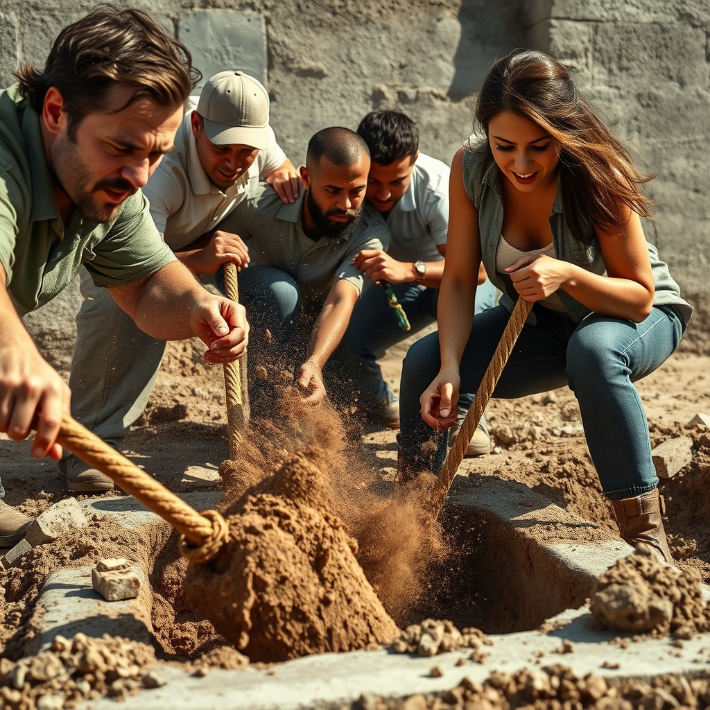 A medium shot of a diverse team, including a determined man named Liam and a focused woman named Seraphina, frantically digging at a construction site
