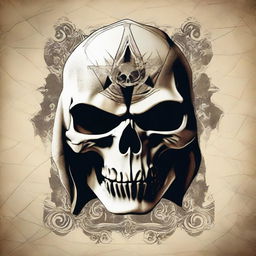 A high-definition image of a skull, draped in the stylistic elements of Assassin's Creed, set against a vintage background.