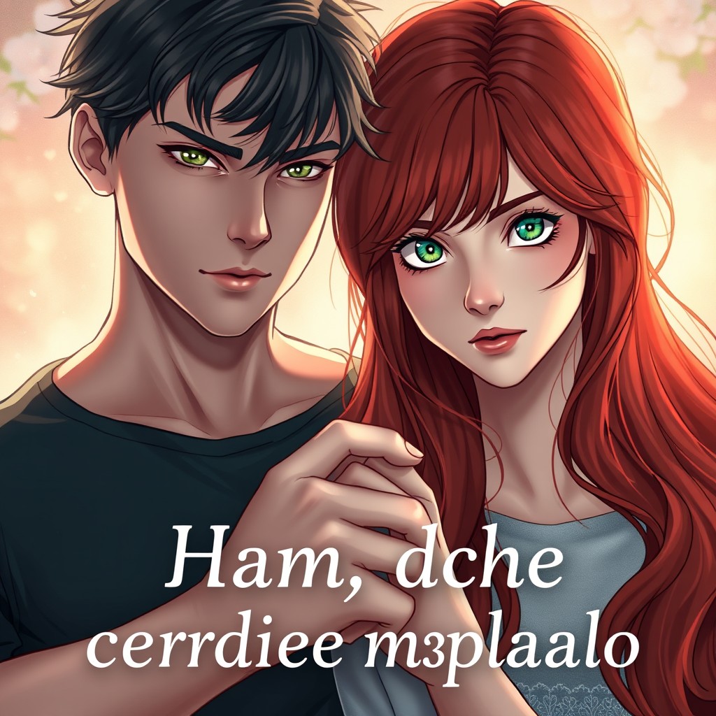 Book cover design featuring a girl with long, flowing red hair and striking heterochromatic eyes, one green and one blue