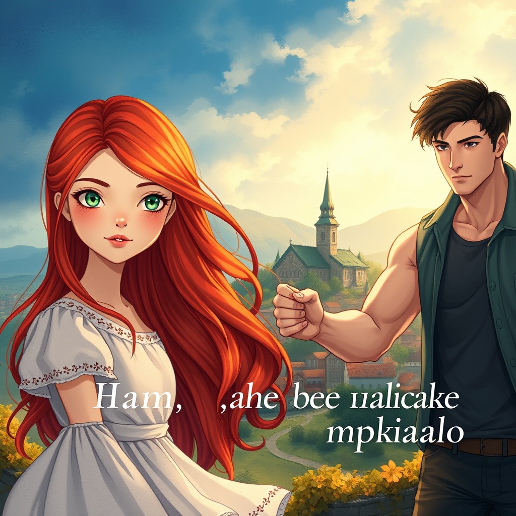 Book cover design featuring a girl with long, flowing red hair and heterochromatic eyes, one green and one blue