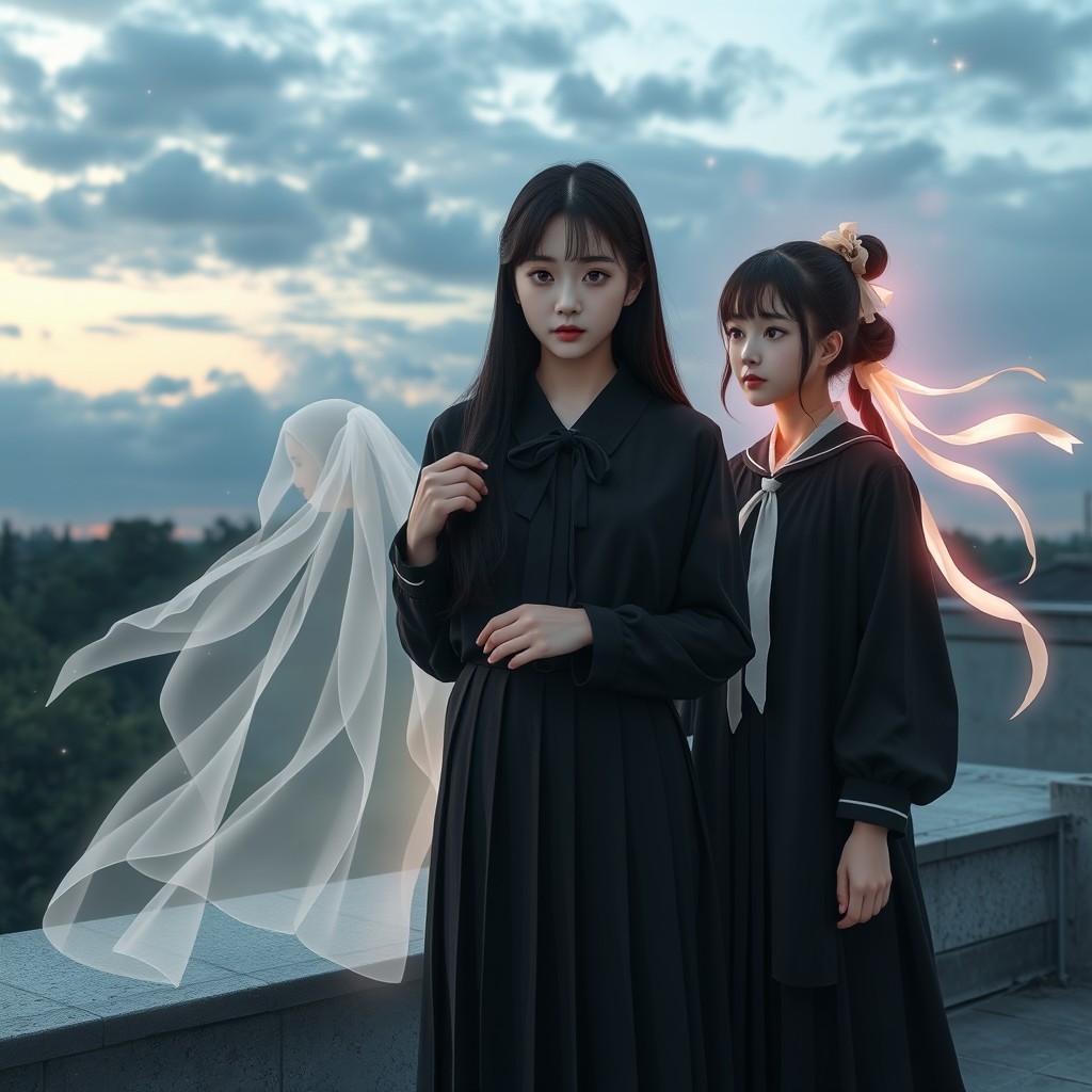 A realistic cinematic book cover scene depicting three beautiful Korean high school students on a rooftop at dusk