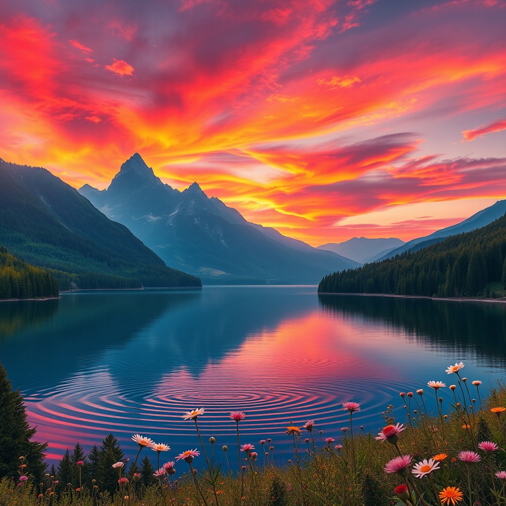 A beautifully rendered image of a serene landscape featuring majestic mountains in the background, a tranquil lake reflecting the vibrant colors of a sunset, and lush green forests bordering the water