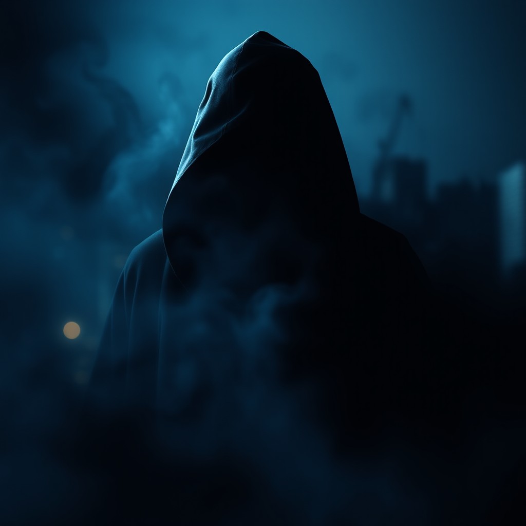 An abstract representation of anonymity featuring a mysterious figure shrouded in shadow, wearing a dark cloak that blends into a swirling mist of dark blues and blacks