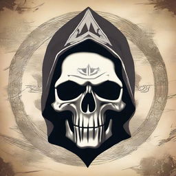 A high-definition image of a skull, draped in the stylistic elements of Assassin's Creed, set against a vintage background.