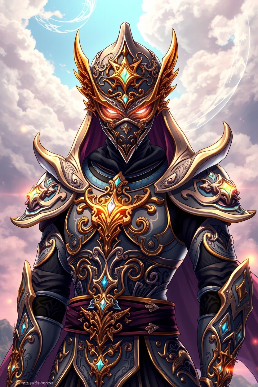 A captivating anime character, a male warrior donned in enchanting magic armor