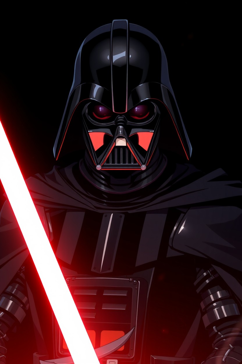 A striking anime character, a male warrior dressed in dark, solid iron armor reminiscent of Darth Vader's iconic design