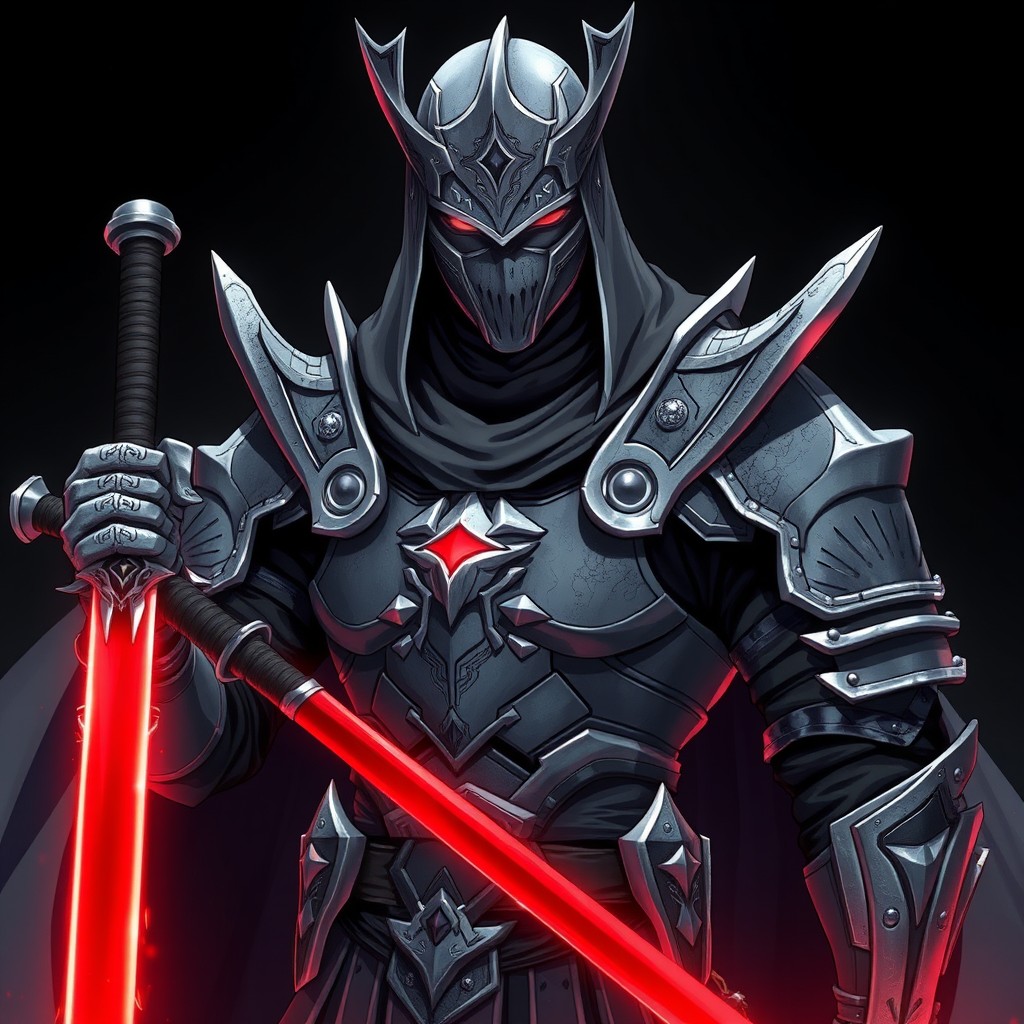 A fantasy anime character depicted as a man wearing a magical suit of armor and a full face mask that conceals his identity