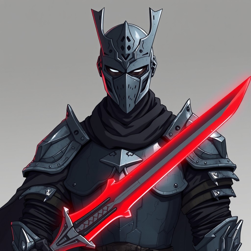 A fantasy anime character depicted as a man in magical armor and a full face mask that completely conceals his identity