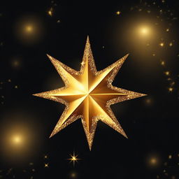 Generate a shining, six-pointed star with golden hues and a sparkling effect against a black night sky background.